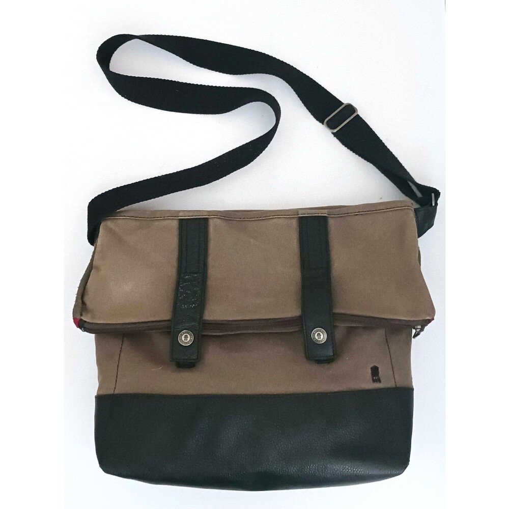 Brooklyn Industries Brown Canvas Messenger Bag Blk Pebble Grain Leather Unisex